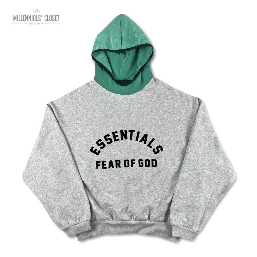 Fear of God Essentials Nylon Fleece Hoodie Light Heather Grey Mint Leaf size S